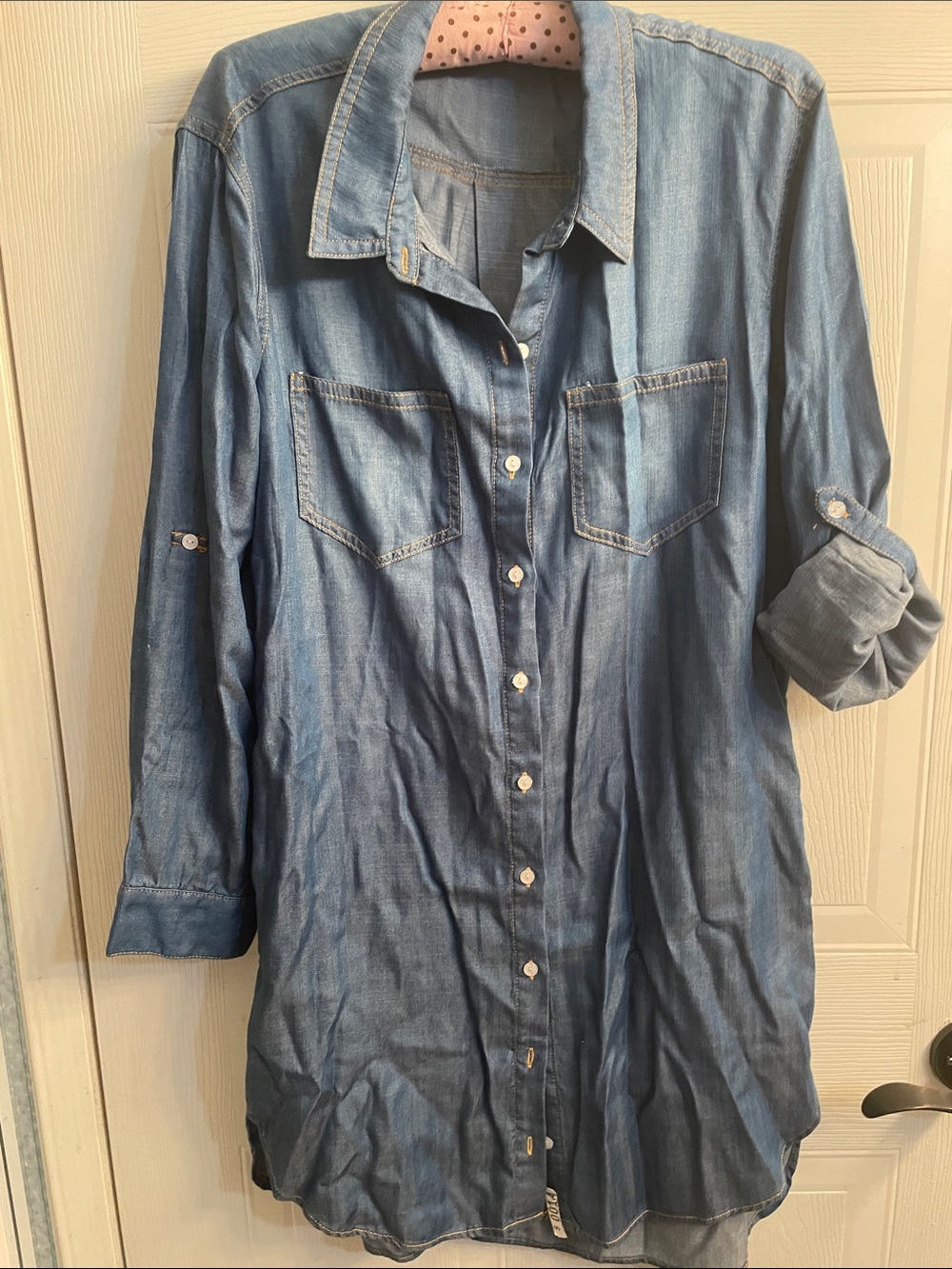 Denim Button-Up Tunic Shirt — Light Blue